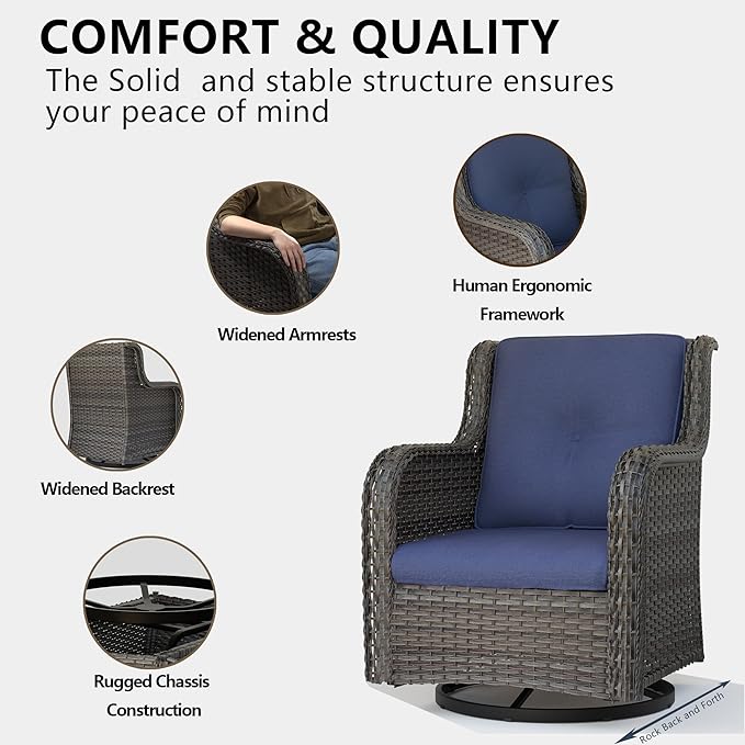 Outdoor Swivel Rocker Patio Chairs Set of 2 - Outdoor Wicker Swivel Glider Chairs 2 Pieces with Olefin Fabric Cushions Suitable for Backyard Deck and Porch(Mixed Grey/Blue)