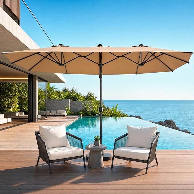 15FT Rectangular Twin Patio Umbrella with Base Included, Double-Sided Outdoor Sun Shade with Crank Lift for Backyard, Deck & Lawn, Khaki