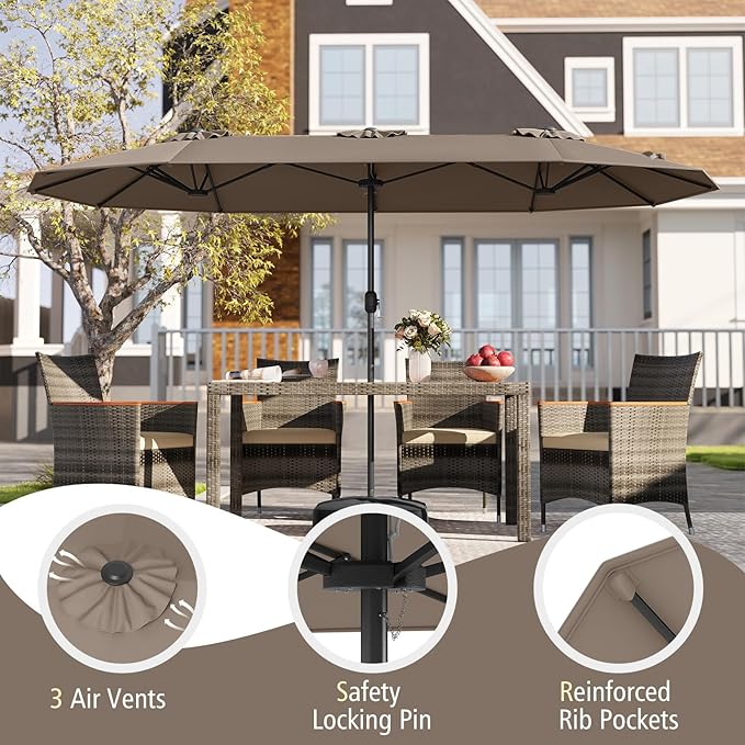 Tangkula 13FT Double-sided Patio Umbrella, Extra Large Twin Table Umbrella with Crank Handle, Umbrella Base, Safety Lock, Air Vent, Outdoor Market Umbrella for Garden Pool Backyard (Tan)