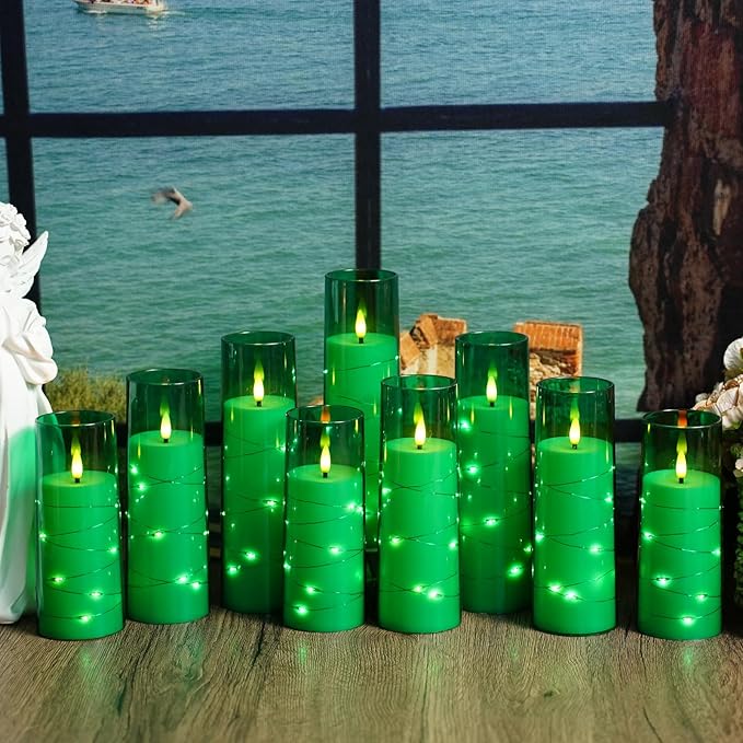 Nimiko Flickering Flameless LED Candles,Battery Operated Candles 9 Pcs with Embedded Star String,Acrylic LED Pillar Candles with Remote,Suitable for Home Decoration to Create an Atmosphere (Green)