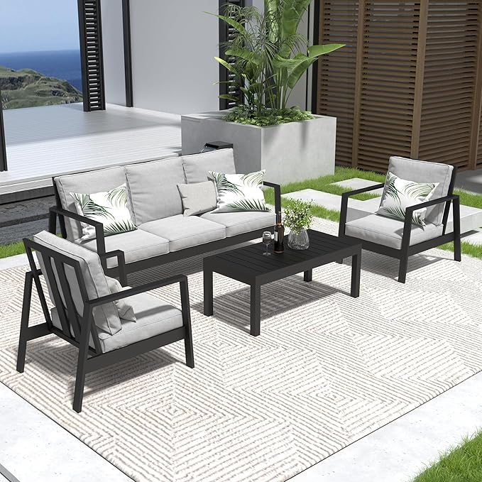 Solaste Aluminum Outdoor Patio Furniture Set, 5 Seats Water-Resistant Patio Conversation Set, Modern Metal Furniture Set with Coffee Table for Backyard Poolside Garden, Grey
