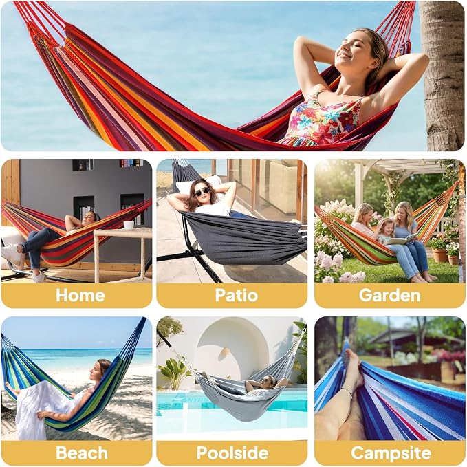 ANYOO Cotton Hammock Portable Camping Hammocks for Hanging Sturdy Garden Comfortable Fabric Hammock with Tree Straps Up to 660lbs with Travel Bag for Camping Outdoor/Indoor Patio Backyard