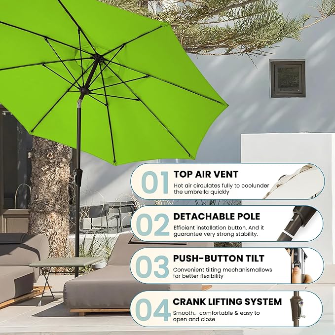 9FT Large Outdoor Patio Umbrella Pool Market Umbrella-UV Resistant, Easy Push Button Tilt and Crank, 8 Sturdy Ribs Heavy-Duty Table Umbrella for Deck, Backyard, Garden (Lime)