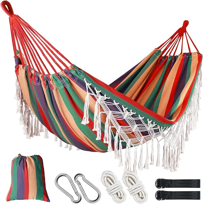 Posprica Brazilian Style Double Hammock with Fringe, 2 Person Patio Hammock for Backyard & Indoor Relaxation, Soft Breathable Fabric, Easy Setup with Straps & Carry Bag, 360 lbs Capacity