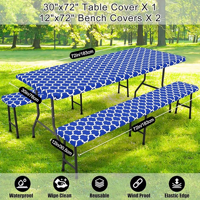 Smiry Picnic Table Cover with Bench Covers, Waterproof Elastic Fitted Tablecloth for 6 Foot Tables, Washable Polyester Tablecloths for Camping, Indoor & Outdoor (Blue, 30x72 Inch 3-pc Set)
