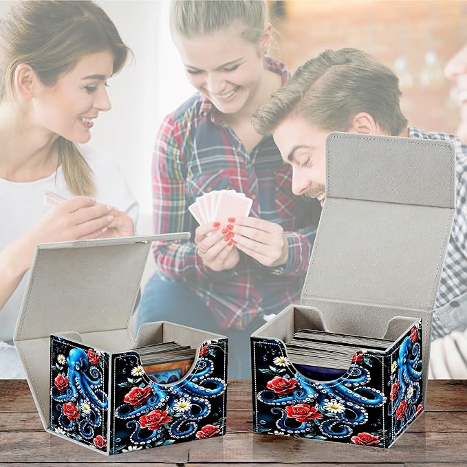 Card Deck Box for MTG, Cards Storage Box Fits 120+ Sleeved, Leather Small Size Strong Magnetic Closing Card Case for Board Games Magic TCG CCG Baseball Collection, Rose Octopus