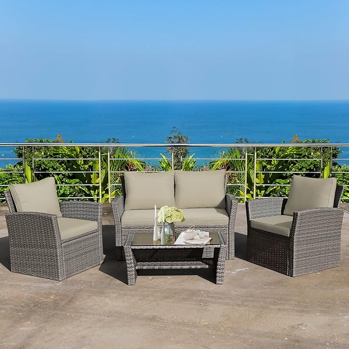 Tangkula 4 Pieces Patio Furniture Set, All Weather Outdoor Sectional Rattan Sofa Set with Cushions & Tempered Glass Table, Wicker Conversation Couch Set for Backyard Garden Poolside