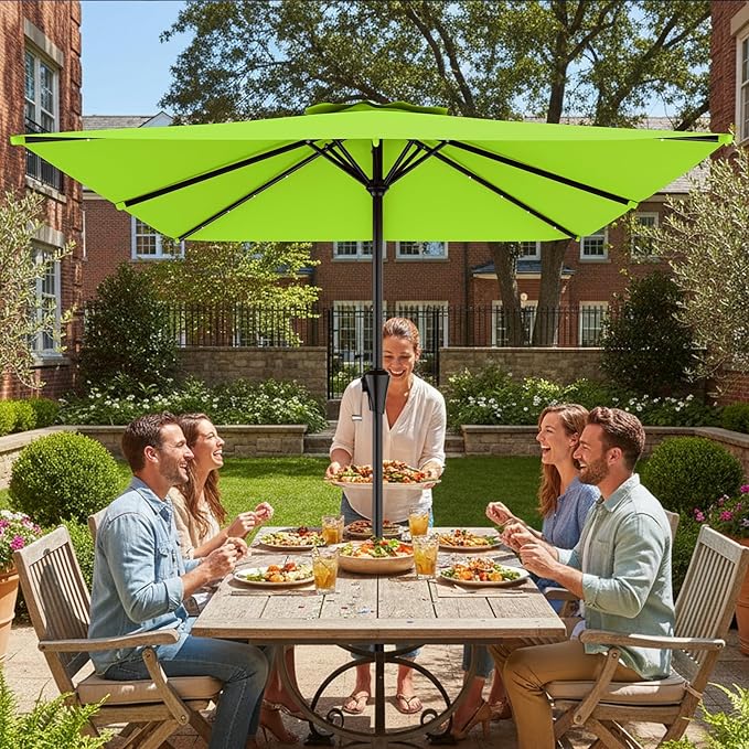 AreShark 8' X 10' Rectangular Patio Umbrella with Solar Lights, Lighted Solar Umbrella with Crank, Outdoor Table Umbrella for Garden, Deck, Backyard, Pool and Beach, Apple Green