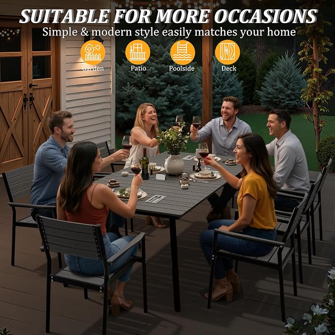 83" Patio Outdoor Dining Table for 6-8, Weather-Resistant Wood-Grain Top with Aluminum Frame & Umbrella Hole for Deck Gatherings, Grey