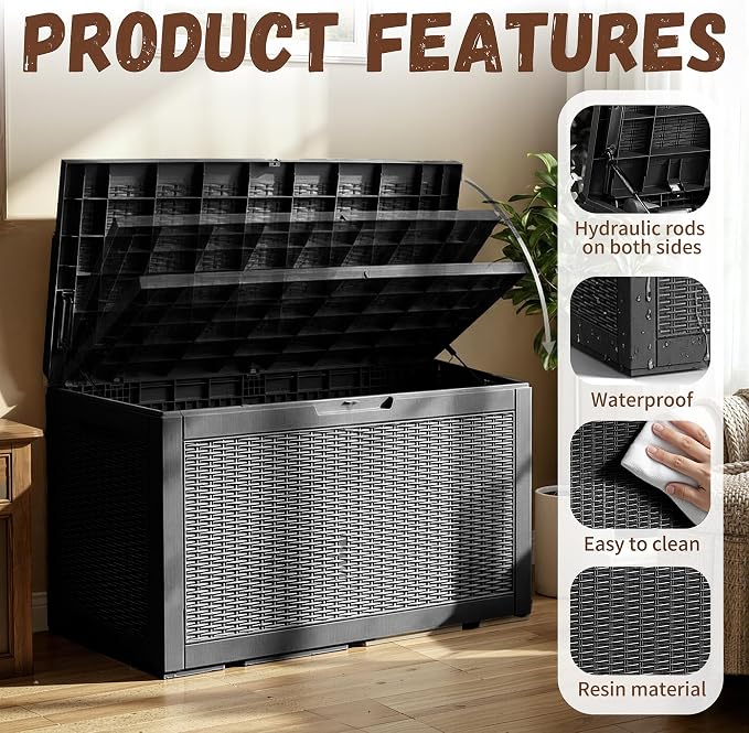 Vixzen 121 Gallon Waterproof Large Deck Box, Lockable Resin Outdoor Storage Box with Hydraulic Lid, Durable Storage Bin for Patio Furniture Cushions, Garden Tools, Pool Accessories, Black