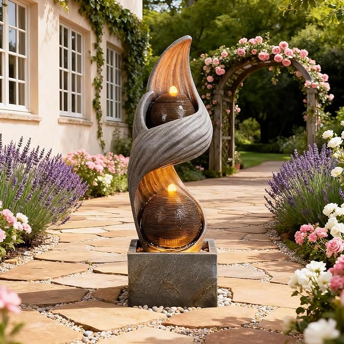 42.9" H Large Indoor Water Fountains - Elegant Modern Water Feature with Sphere - Waterfall Fountain for Indoor or Outdoor with LED Lights and Pump for Deck, Patio, Porch, Garden, Yard Decor