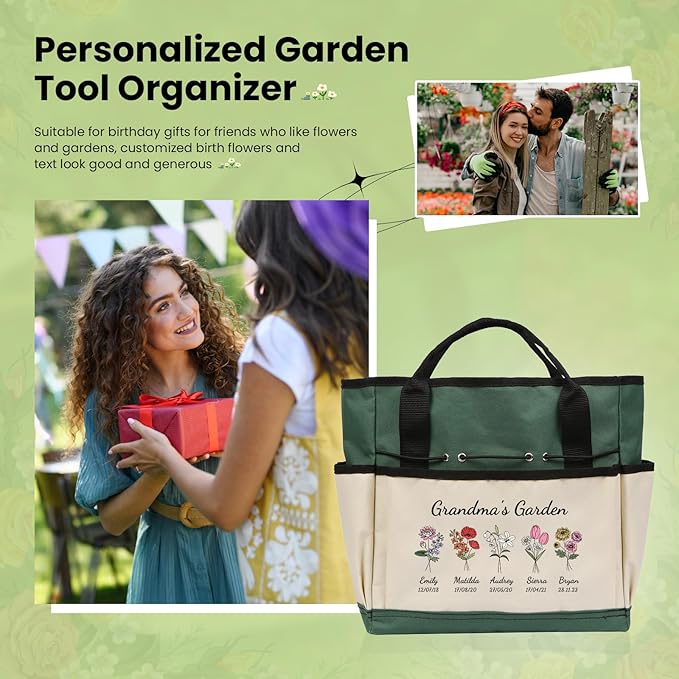 Personalized Garden Tools Set for Women: Custom Text Garden Tool Bag and Garden Shovel & Transplant Shovel & Hand Rake - Gardening Gifts for Mom Grandma Gardening Lover (5 Flowers)