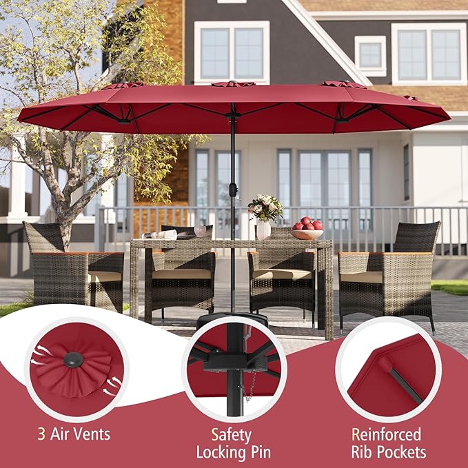 Tangkula 13FT Double-sided Patio Umbrella, Extra Large Twin Table Umbrella with Crank Handle, Umbrella Base, Safety Lock, Air Vent, Outdoor Market Umbrella for Garden Pool Backyard (Burgundy)