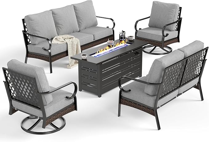 5 Piece Metal Outdoor Patio Furniture Sets with Firepit Table, Patio Conversation Sets 1 3-Seater Sofa, 1 2-Seater Loveseat, 2 Swivel Chair with 5.75" Cushion for Backyard, Light Gray