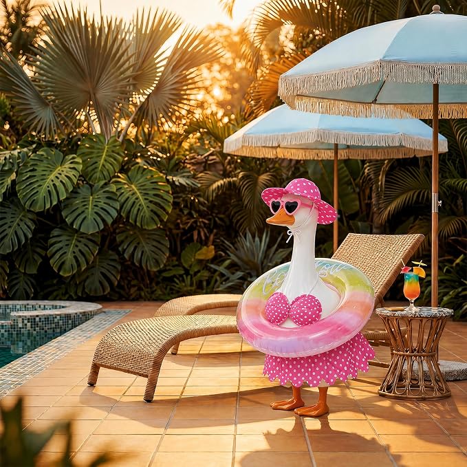 hoyuwak Bikini Goose Outfits Summer Hawaiian Porch Goose Outfits with Swimming Ring Sunglasses Hat for 23" Geese Yard Decor