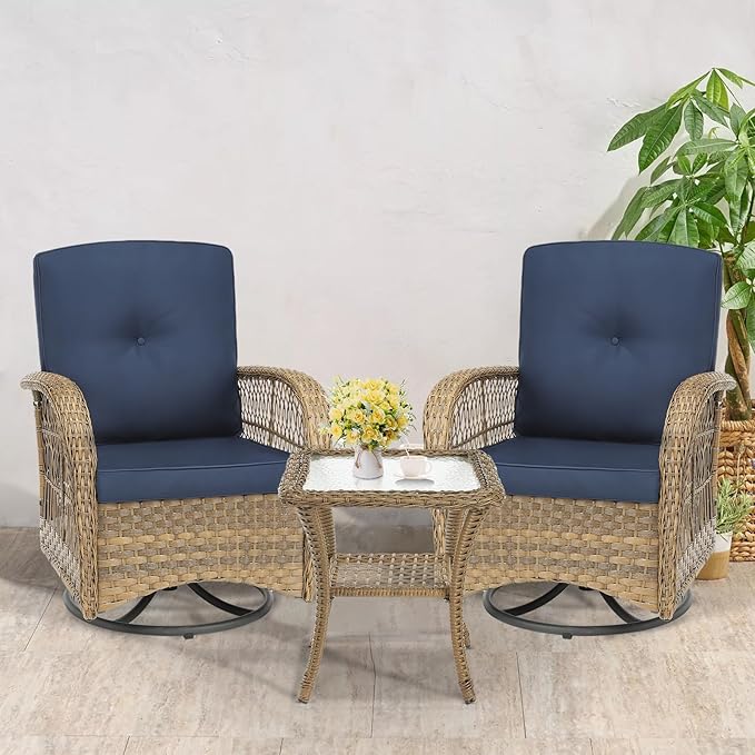 VIVIJASON 3-Piece Outdoor Conversation Bistro Set, Patio Swivel Glider Rocking Chairs Rattan Furniture Sets w/ 2 Rattan Chairs, Cushions, Glass Top Side Table for Porch Backyard, Navy Blue