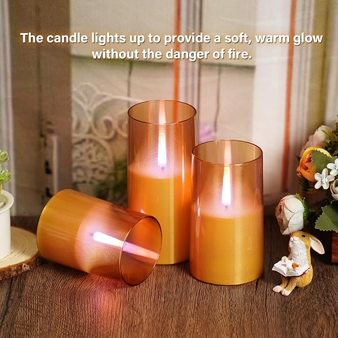 kakoya Flameless Candles Upgraded Realistic Flickering Flame,Battery Operated LED Candles with Remote Timers,Acrylic Electric Candles Set of 3(D 3" xH 4" 5" 6")(Gold)