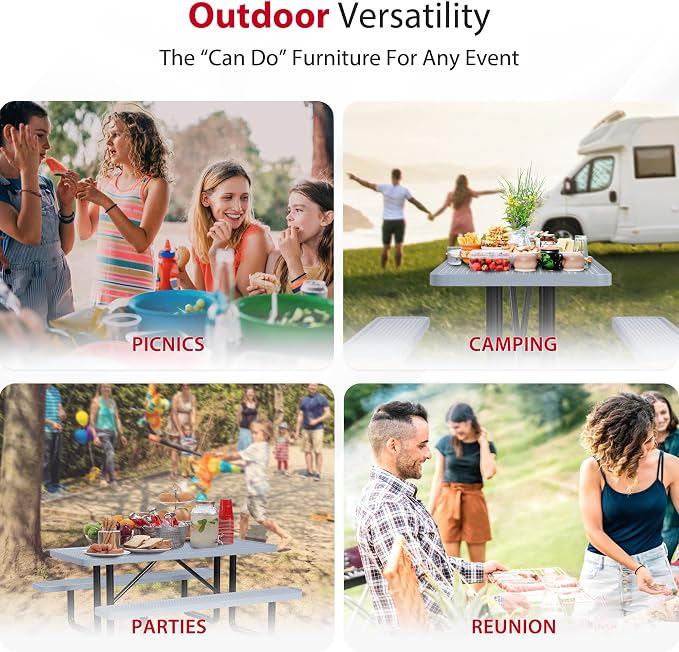 Leisure Craft Metal Picnic Table with Bench - 6 ft Rectangle Outdoor Dining Table for 6, Umbrella Hole, Weatherproof Heavy Duty Thermoplastic Coating, Commercial Grade Furniture Made in USA - Gray
