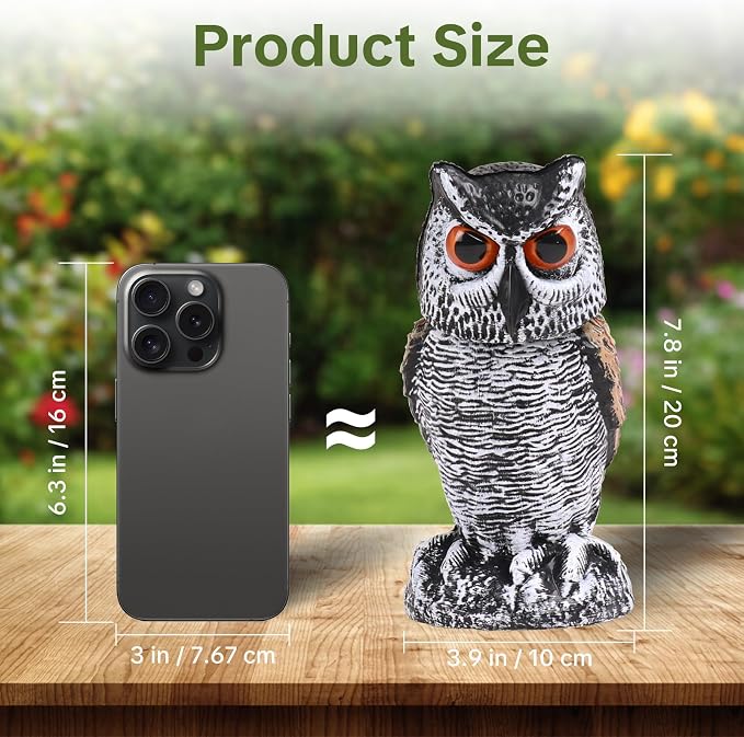 OFFO Fake Owl, Owl Statue for Garden and Yard Decoration, Weatherproof Plastic Rotating Head Outdoor Owl Decor for Porch Pool Patio Yard, 8-Inch Height, Round Ear Owl