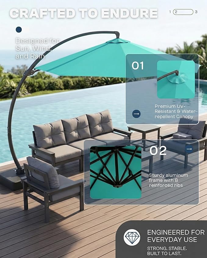 11 FT Cantilever Umbrella with Base Included, Large Round 360° Rotation Offset Umbrella Outdoor Patio, Heavy Duty Aluminum Frame, Sand-Weighted Stand, for Deck, Backyard, Pool, Garden (Turquoise Blue)