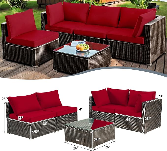 HAPPYGRILL 5-Piece Patio Furniture Set Outdoor Rattan Wicker Sofa Set with Coffee Table Sectional Sofa Conversation Set with Pillows Cushions for Backyard Porch Garden Poolside