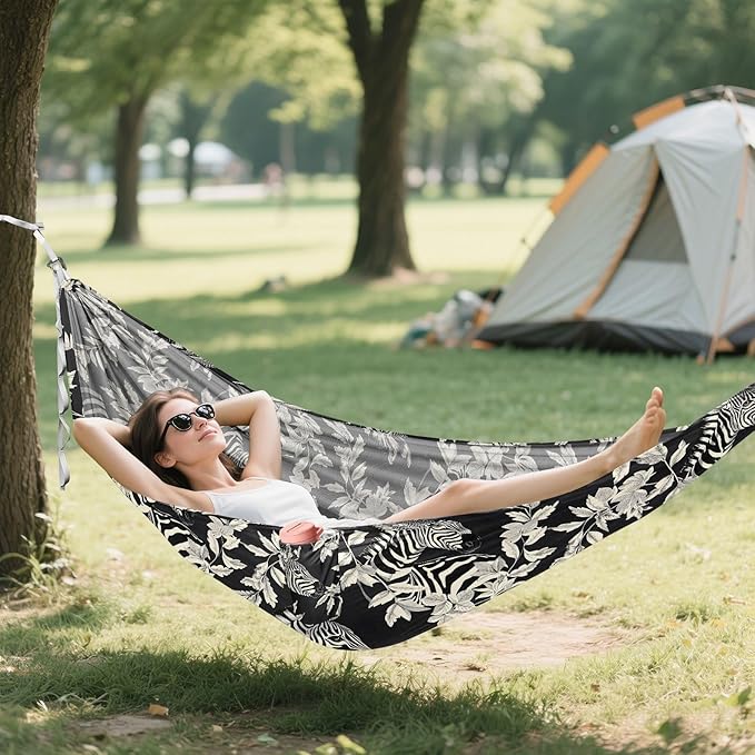 Camping Hammock Outdoor Hammocks for Outside Zebra and Plants Beach Trees Portable Lightweight with Pockets Tree Straps Indoor