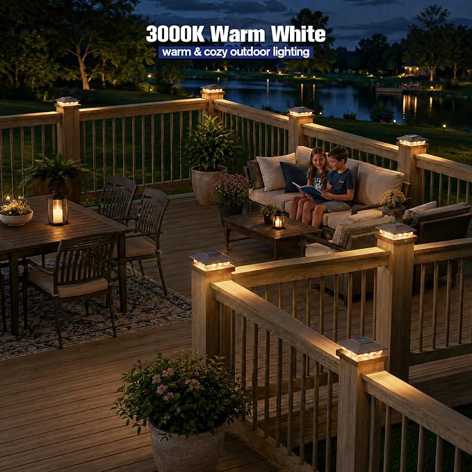 APONUO Solar Post Cap Lights for 4x4 Posts - IP64 Waterproof, Warm/Cool White, Wireless Fence Lights & Deck Lights for Patios, Gardens, and Yards, Brown,12 Pack