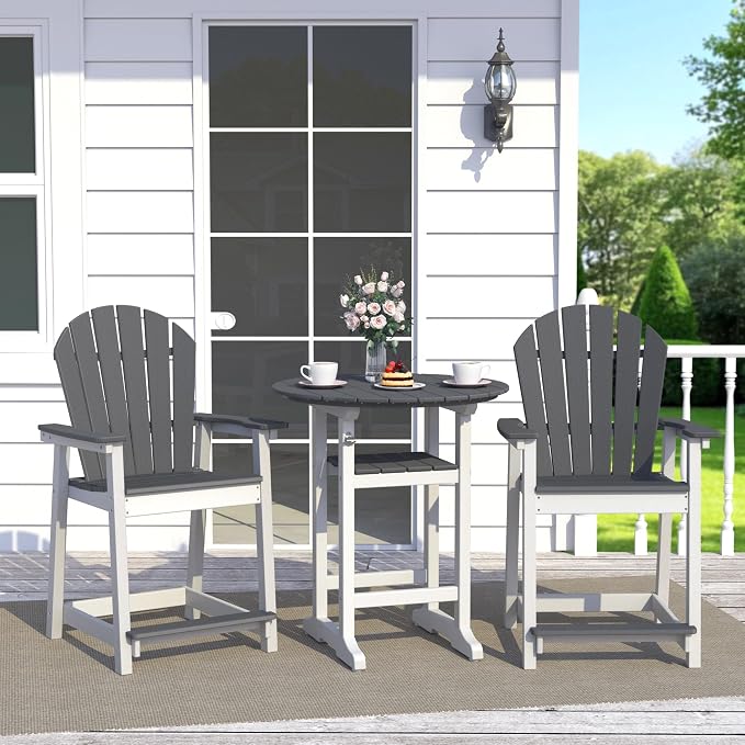 OTSUN Outdoor Bar Table, 32“ Diameter Round Side Table, All Weather Counter Height Table with Built-in Footrest for Backyard, Garden, Indoor Outdoor Companion (White&Grey)