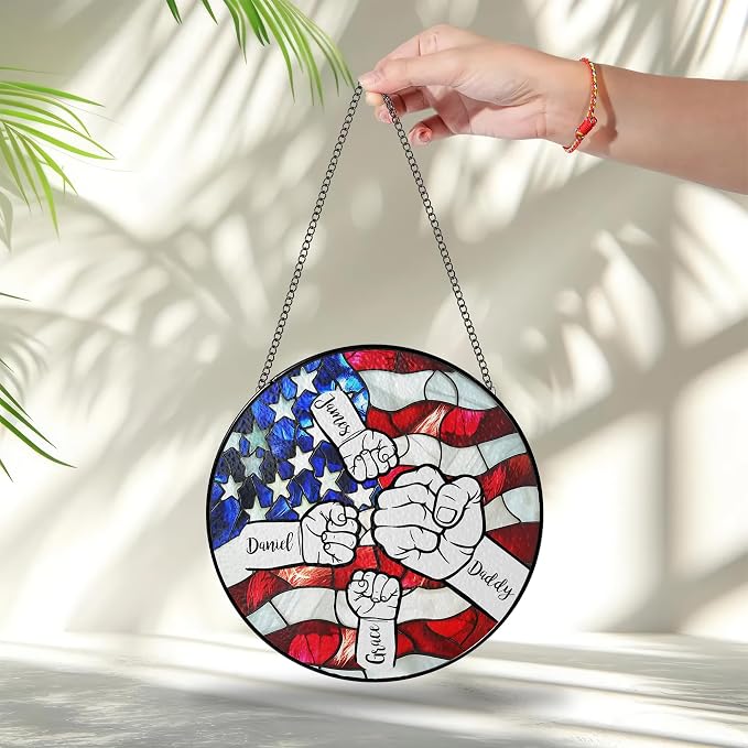 Personalized Fist Bump Dad and Kids Stained Glass Window Hanging Suncatcher - American Flag Background, Heartfelf Father's Day, Birthday Gift (Fist Bump Dad)