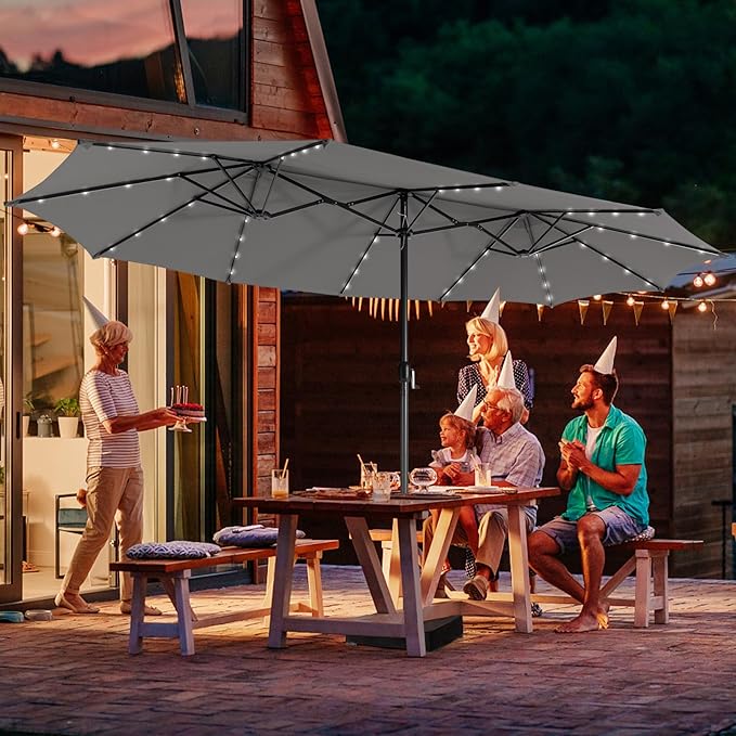 Giantex Large Outdoor Umbrella Double-Sided, 48 Solar Lights, Auto-Charging Solar Panel, Extra Large Patio Umbrella with Base and Crank, Outdoor Market Umbrellas for Poolside Garden