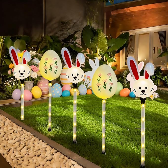 Solar Easter Pathway Lights - 5 Pack Bunny Egg Light Outdoor Solar Powered Path Lights with 8 Lighting Modes, Waterproof Garden Stake for Easter, Housewarming Gifts & Outdoor Decor