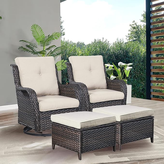 Rilyson Wicker Patio Furniture Set - 4 Piece Rattan Outdoor Sectional Conversation Sets with 2 Swivel Rocking Chairs,2 Ottomans for Porch Deck Garden(Brown/Beige)