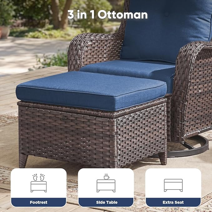 Belord 8 Piece Wicker Patio Furniture Set, Outdoor Swivel Rocker Chairs Set of 4 with Ottomans and Rattan Couch, All Weather Patio Conversation Furniture Set, for Pool,Yard Brown Wicker/Blue