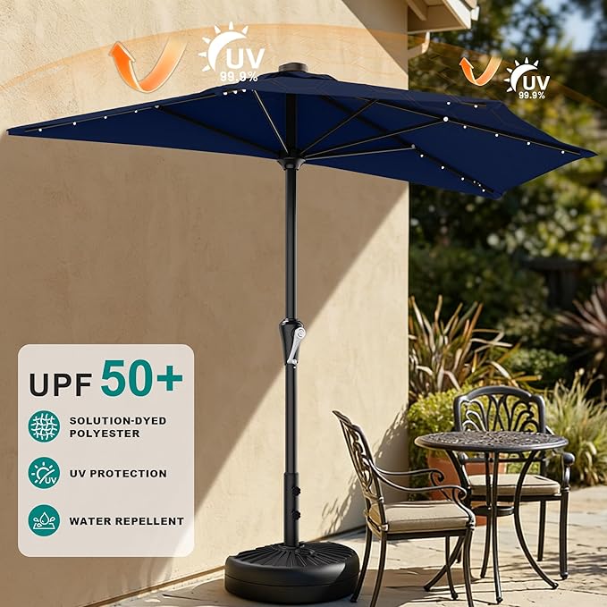 AreShark 9ft Patio Half Umbrellas with Solar Lights, 1/2 LED Half Outdoor Umbrella w/ 20 LED Lights, Lighted Table Wall Umbrella with Crank & 5 Sturdy Ribs for Market, Pool, Deck, Lawn and Garden, Navy