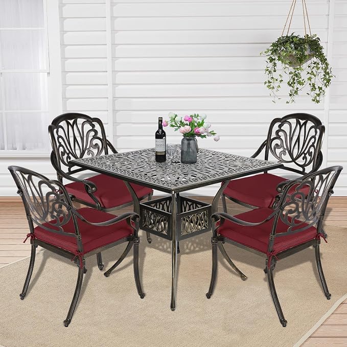 5-Piece Outdoor Patio Dining Set, All-Weather Cast Aluminum Patio Table Set, Include 4 Cushioned Chairs and a 35.4 inch Square Table w/Umbrella Hole for Balcony Garden Backyard, Red