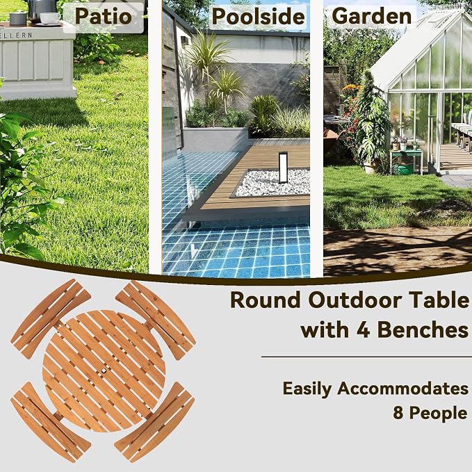 HAPPYGRILL 8-Person Wood Picnic Table Bench Set, Round Camping Table w/Umbrella Hole, Circular Outdoor Table w/4 Built-in Curved Benches, for Patio, Garden, Backyard, Porch (Yellow)