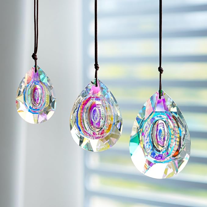 Window Hanging Crystal Prisms Sun Catcher AB Coating Rainbow Maker Glass Prisms Hanging Suncatcher Pendant for Home Garden Decor,76mm/63mm/50mm Chandelier Prism Parts, Pack of 3 | AB Coating Crystal Prism Suncatcher Set 3 Sizes for Chandelier Window Ga...