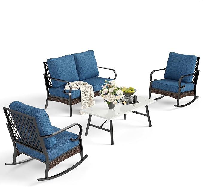 4 Piece Metal Outdoor Patio Furniture Sets, Patio Conversation Sets 1 Loveseat, 2 Rocking Sofa with 5.75" Extra Thick Cushion and Coffee Table, Balck Frame Backyard Furniture, Blue-2