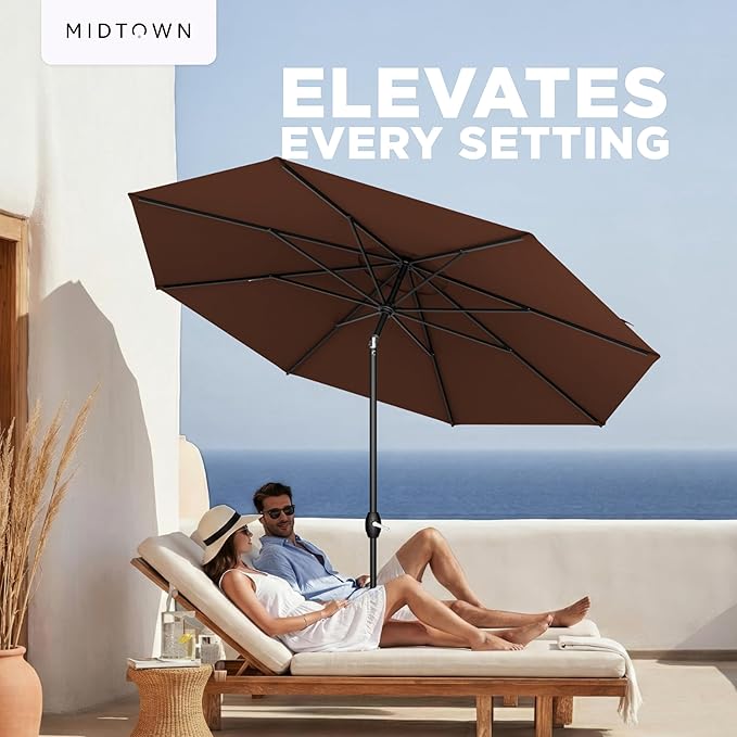 Midtown Umbrellas – The Lean 8 Ft Patio Umbrella with 10-Year-No-Fade Acrylast Acrylic Fabric, Auto-Tilt and 8 Reinforced Ribs for Deck, Pool, Garden, Hotel & Cafes – Cedar Wood Canopy, Black Pole