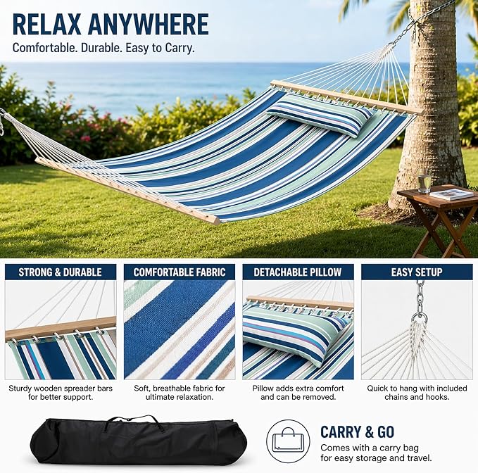 Outdoor Double Hammock with Pillow and Carry Bag, Colorful Stripes | Pure cotton breathable, fade-resistant fabric, 550 lbs Capacity