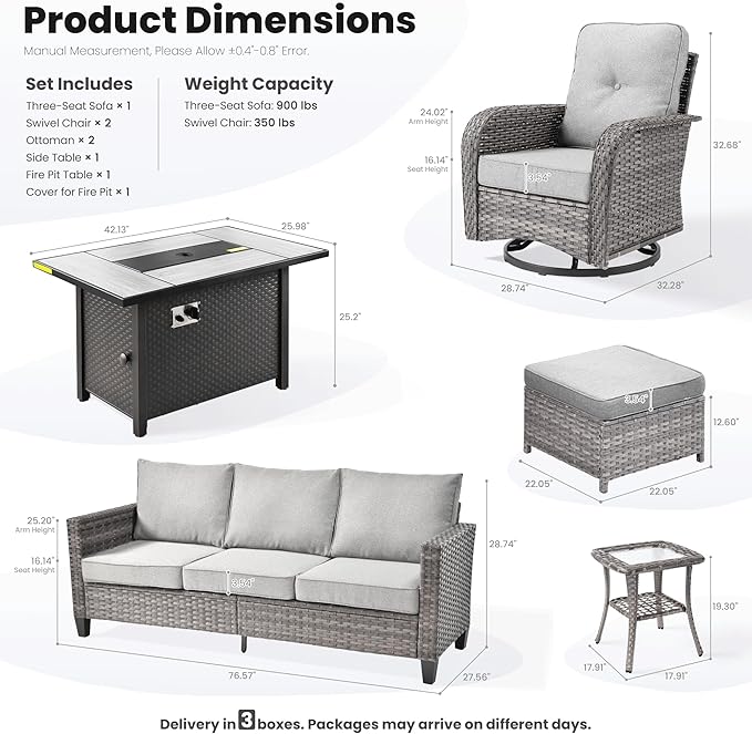 ovios 7 Pieces Patio Furniture Set, Outdoor Wicker Sofa Couch with Rocking Swivel Chairs Fire Pit Table, Modern Deep Seat Rattan Conversation Sets for Deck Porch, Dark Grey