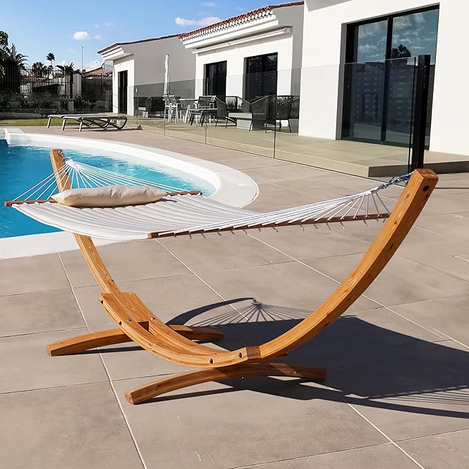 Lazy Daze Hammocks 12 FT Double Quilted Fabric Hammock and 13 FT Natural Wood Arc Stand, with Spreader Bar, Removable Pillow, 2 Person Hammock for Poolside Outdoor Patio, 450 lbs Capacity, Natural