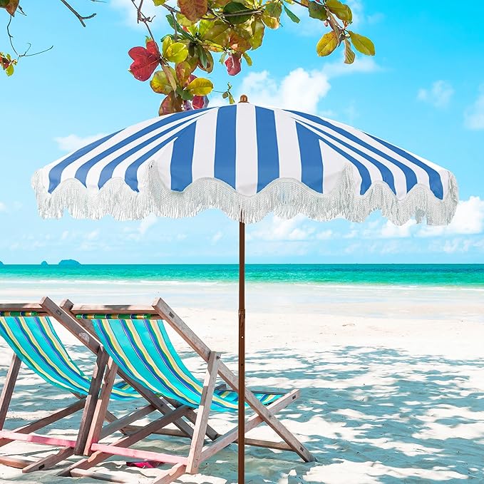 Rayjee 6.5FT Patio Umbrella with Fringe, Portable Boho Beach Umbrella, Tilt & Adjustable Height, 2-Piece Aluminum Pole for Pool, Garden, Deck & Beach