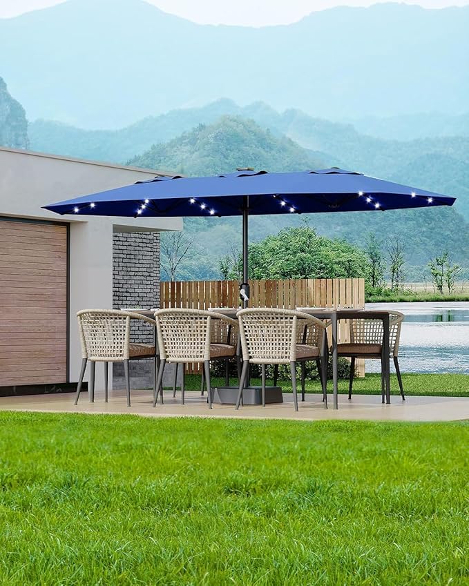 15FT Rectangular Patio Umbrella With Solar Lights & Base Included - Large Patio Umbrella With Crank Handle, UV Protection for Outdoor Market, Lawn, Backyard, Pool