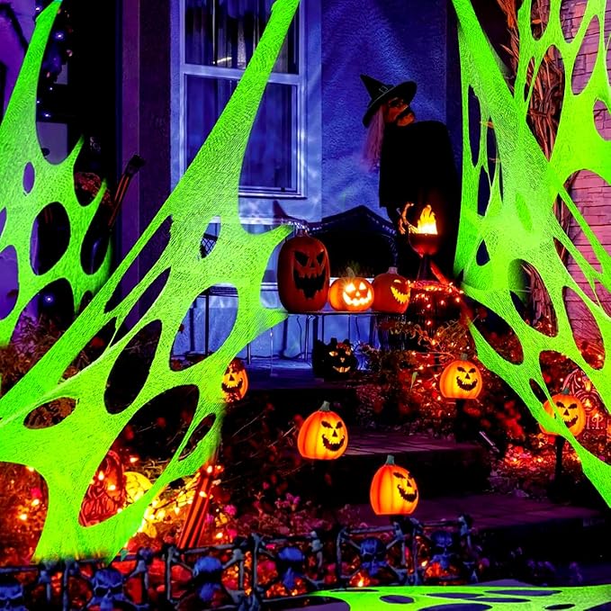 Glow in The Dark Green 1000 Sqft Uncut Giant Spider Web Halloween Decorations Outdoor with 1 Black Light &10 Ground Nails Stretchy Beef Cloth Netting DIY for Yard Party