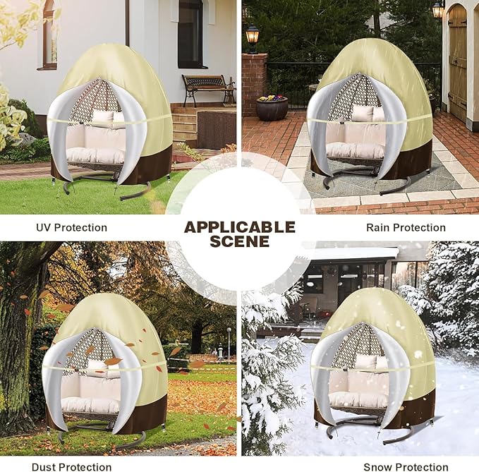 Patio Egg Chair Covers with Zipper, 91x80 Inches, Extra Large Double Egg Chairr Cover for Outdoor Furniture, Heavy Duty Swing Hanging Eggs Chair Cover Waterproof, Anti-UV, Dust-proof Beige