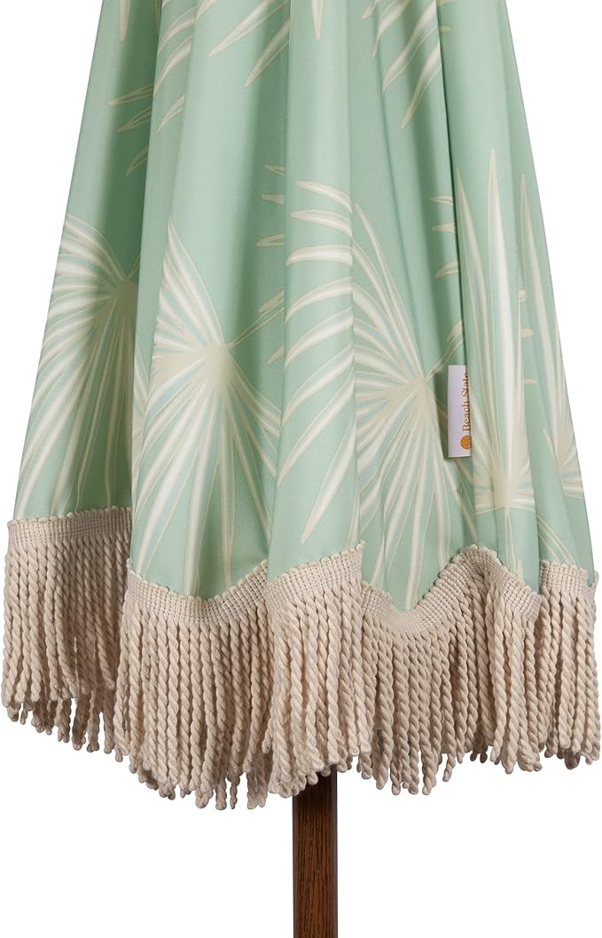 BEACH STATE Summerland 6.5ft Beach Umbrella with Fringe, UV 50+ Patio Umbrella with Titlting Pole, Holiday Tassel Umbrella with Carry Bag, (Palm Beach)