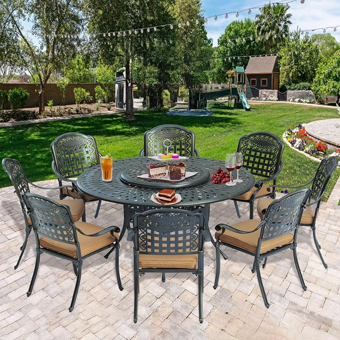 9-Piece Patio Cast Aluminum Dining Set, Outdoor Dining Furniture Set for 8 Person, Includes 8 Cushioned Chairs and 61" Large Round Dining Table with 31" Lazy Susan, Umbrella Hole, Tan