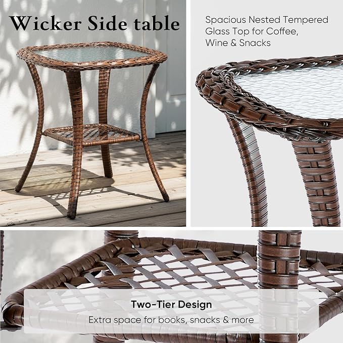 Belord Luxury 6" Thick Cushioned Outdoor Swivel Rocker Patio Chairs with Side Table, High Back Wicker Furniture Set with Ergonomic Zone Back, Conversation Glider Set for Deck Porch - Brown+Blue
