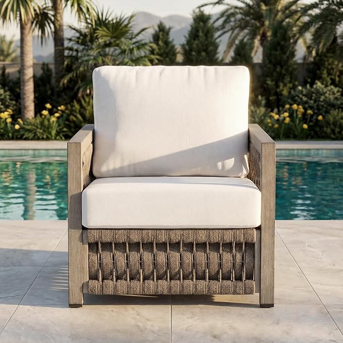 Patio Armchair, Rope Weave Outdoor Chair with Widened Armrests & Thick Cushions, All-Weather Aluminum Deep Seating Chair, Never Rust Patio Furniture for Garden, Porch, Deck, Gray Oak | Aluminum Frame
